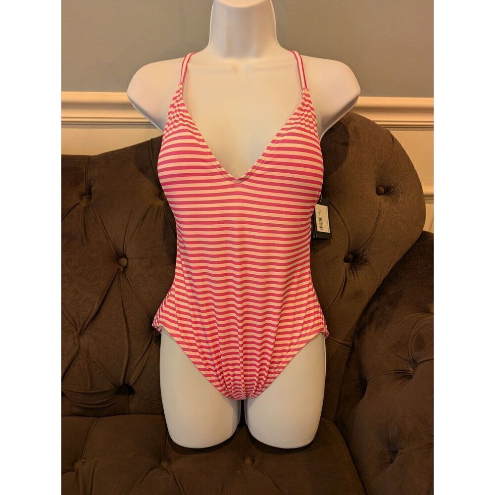 KATE SPADE Ringmaster Swimsuit Striped Radiant Pink Plunging V-neck Size L BNWT